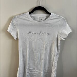 Armani Exchange White Short-Sleeve Logo Tee with Crystal Script